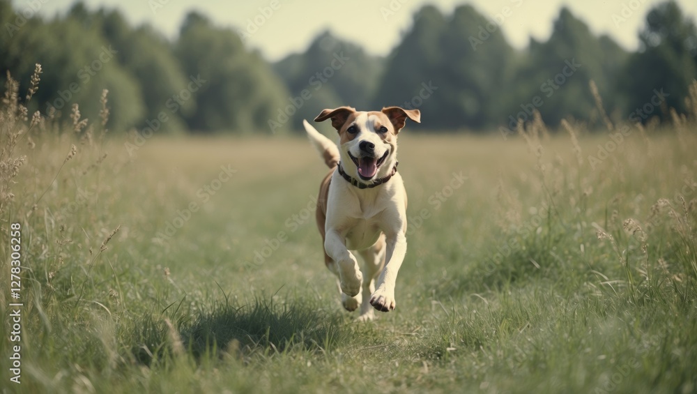 Poster joyful dog running playfully through lush green meadow with clear space ideal for copy or text place