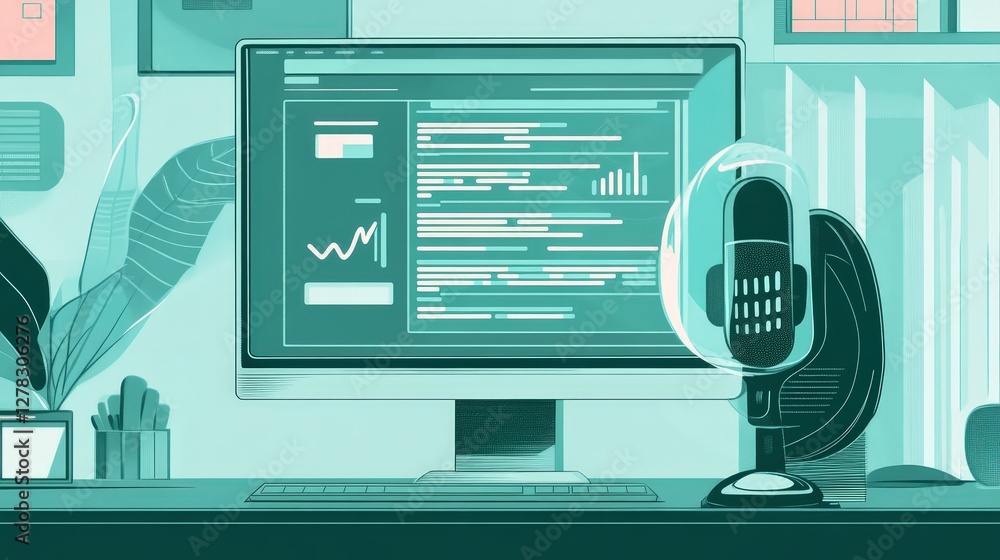 Poster voice recognition software working on a computer, enabling users to open apps, create documents, or 