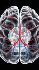 Cerebral angiogram (DSA) scan showing brain blood vessels with contrast dye, highlighting arteries in red, veins in blue, and capillaries in purple against a dark background.