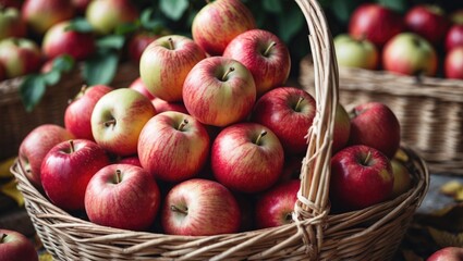 Bountiful Harvest of Fresh Red Apples in a Wicker Basket with Lush Green Leaves and Ample Space for Text Overlay