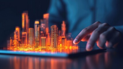 A person interacts with a glowing digital cityscape displayed on a tablet, showcasing futuristic technology and urban design.