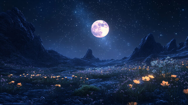 Night landscape with mountains and full moon with stars glowing over rocky peaks and flowers. Mysterious twilight scenery view with rocks. Beautiful nature nighttime scene, Cartoon vector background