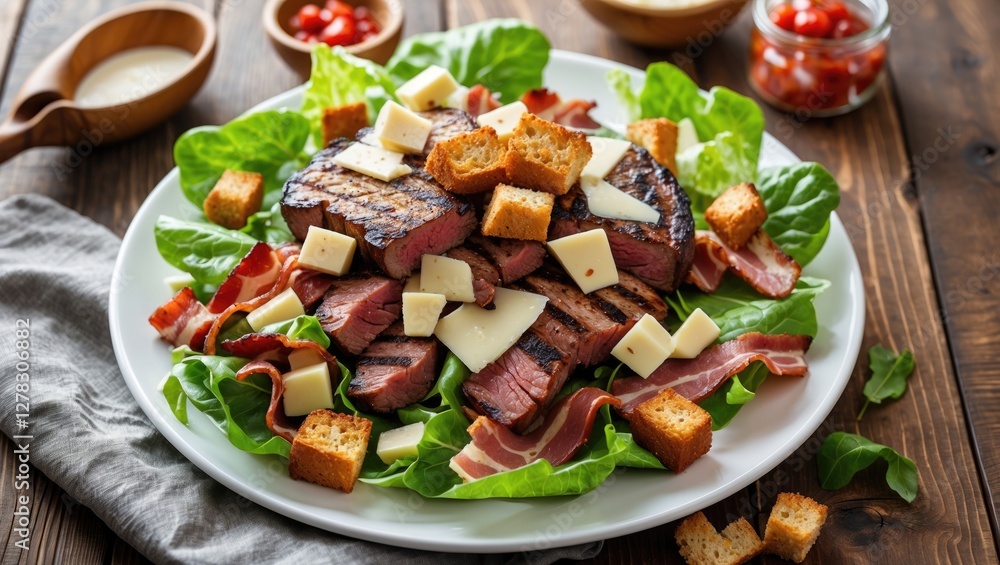 Poster grilled red meat salad with cheese croutons fresh bacon and lettuce on white plate over wooden table