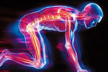 Athlete's body, motion blur, joints highlighted