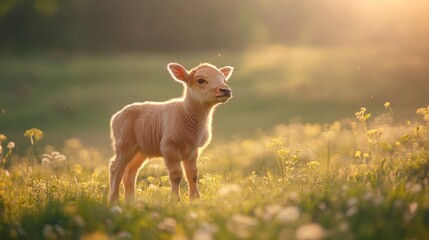 Obraz premium Adorable Young Lamb in a Blooming Meadow at Sunset Glow