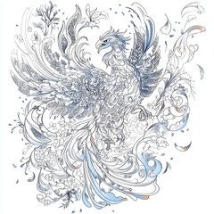 Ornate Phoenix Bird in Floral Design, Intricate Line Art Illustration