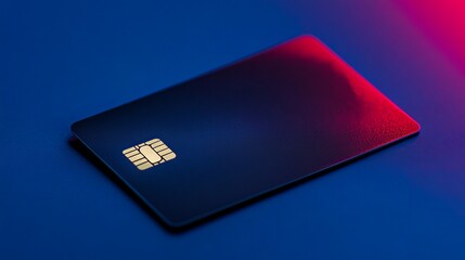 Sleek black credit card on blue background with red light reflection