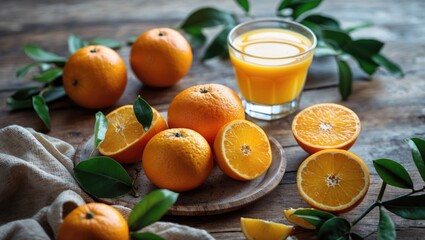 Healthy Lifestyle Still Life Featuring Fresh Oranges And Refreshing Orange Juice With Natural Green Leaves On Wooden Background