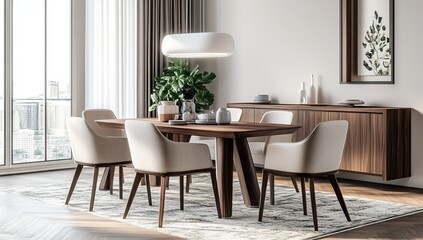 Modern Dining Room With Wooden Table And Chairs