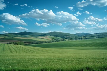 Obraz premium green meadow with hills on sunny day with white clouds. copy space background