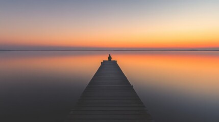 Silhouetted figure of a man sitting peacefully on a wooden pier at sunset, reflecting calm waters and a vibrant gradient sky.