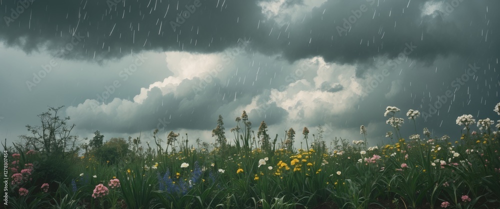 Poster dramatic rain clouds over vibrant spring flowers with ample copy space for artistic text and design 