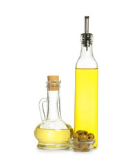 Salad dressings and olives isolated on white