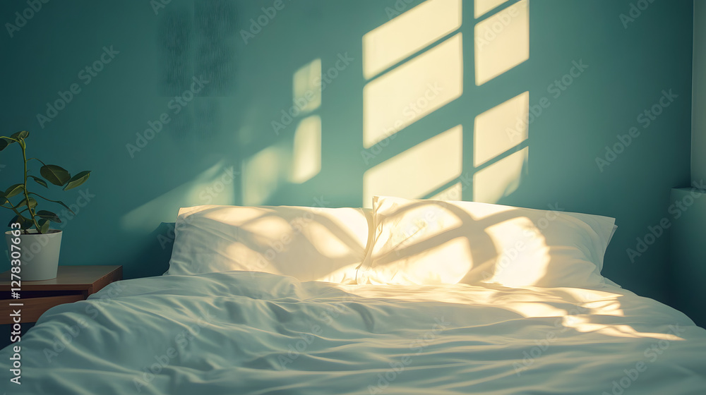 Poster sunlight is casting shadows of window on empty bed with white sheets and pillow in bedroom with turq