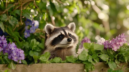 Young raccoon among colorful flowers in a sunlit garden