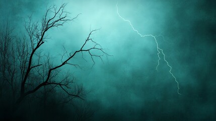 Dramatic night sky with striking lightning and bare tree silhouette in turquoise hue