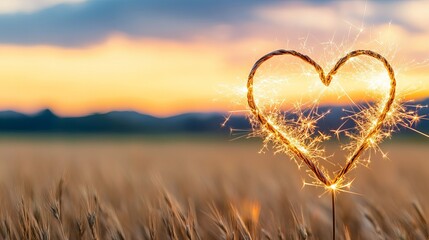 Fototapeta premium Sparkling heart shaped sparkler in wheat field at sunset