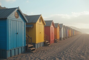 Fototapeta premium Wooden beach huts with stairs on sandy beach with footprints leading towards ocean