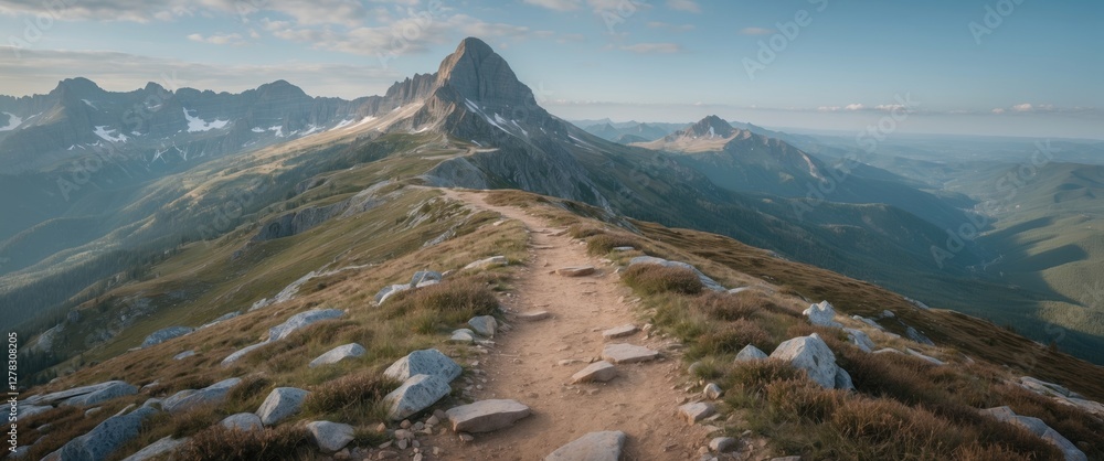Aufkleber scenic mountain trail leading to panoramic view with clear sky and empty space for text overlay