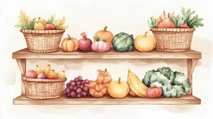 Watercolor Illustration Autumn Harvest Fruits Vegetables Hand Drawn