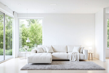 Modern living room window view greenery white sofa side tables
