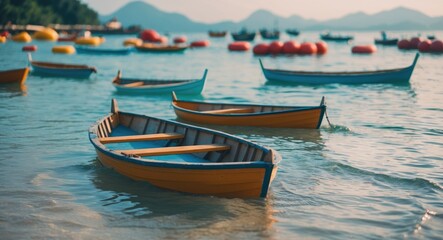Serene Coastal Scene with Colorful Boats Floating in Shallow Water Against a Blurred Background of Beach and Mountains in the Horizon