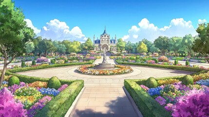 Colorful Flower Garden Surrounding Majestic Building Under Blue Sky