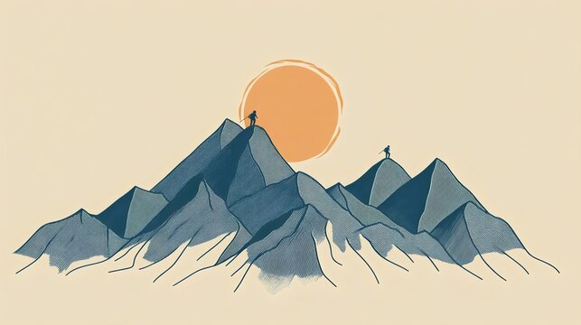 Stylized mountain landscape illustration with two hikers and a large sun, ideal for outdoor and adventure themes.