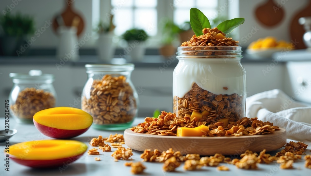 Aufkleber homemade mango granola with yogurt in jar on table surrounded by fresh ingredients and empty space f