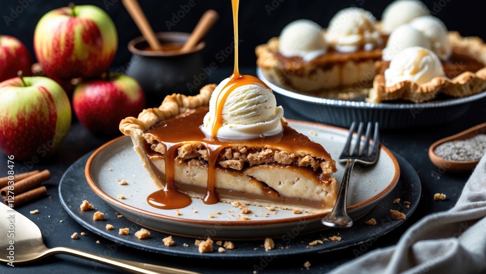 Poster homemade apple pie slice topped with vanilla ice cream and caramel sauce on black background with co