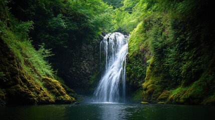 Naklejka premium A serene waterfall cascading down moss-covered rocks, surrounded by lush green foliage, creating a tranquil and refreshing atmosphere.