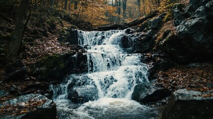 Obraz premium A picturesque waterfall cascading over rocky terrain, surrounded by vibrant autumn foliage, creating a serene and tranquil ambiance.