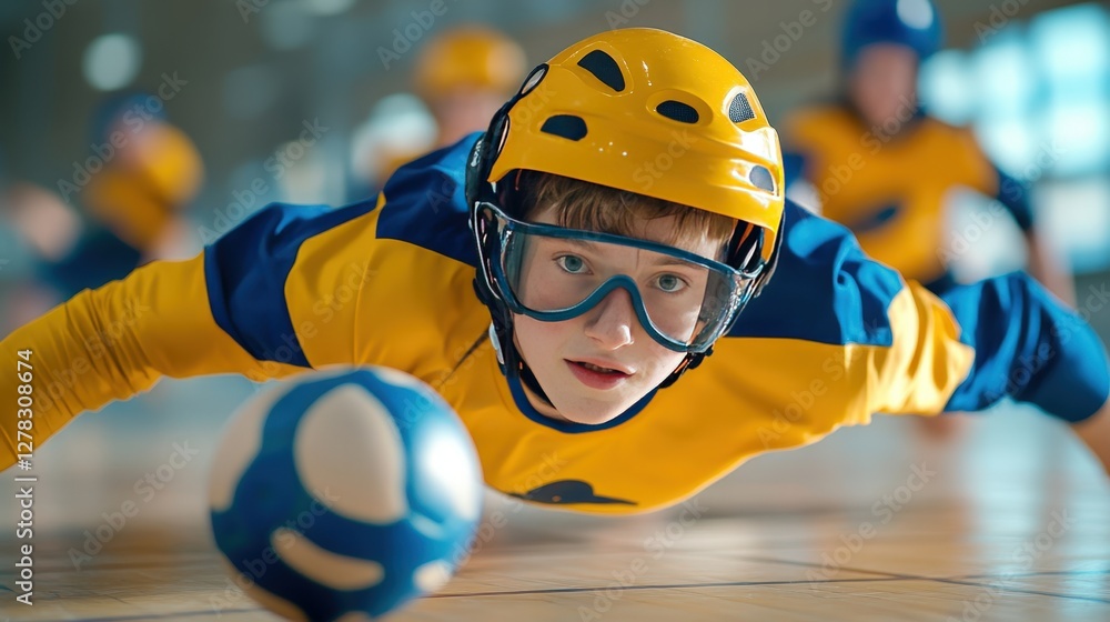 Poster a determined goalball player diving to block a fast-moving ball, relying on sharp hearing and teamwo