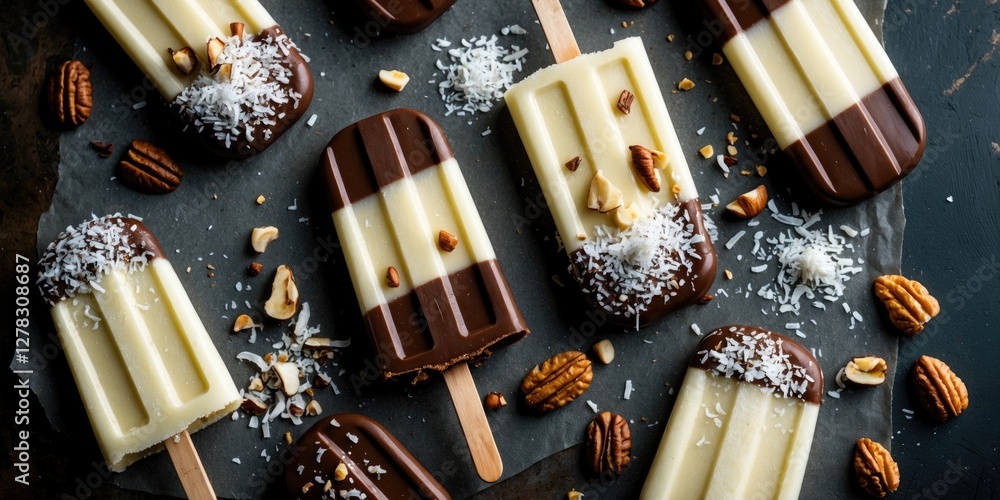 Aufkleber homemade chocolate dipped popsicles topped with coconut and nuts overhead view on rustic background 