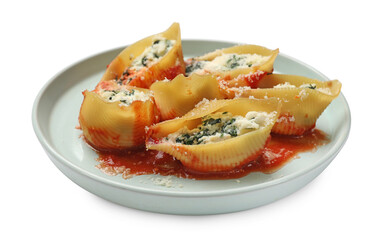 Delicious shell pasta stuffed with ricotta and spinach isolated on white