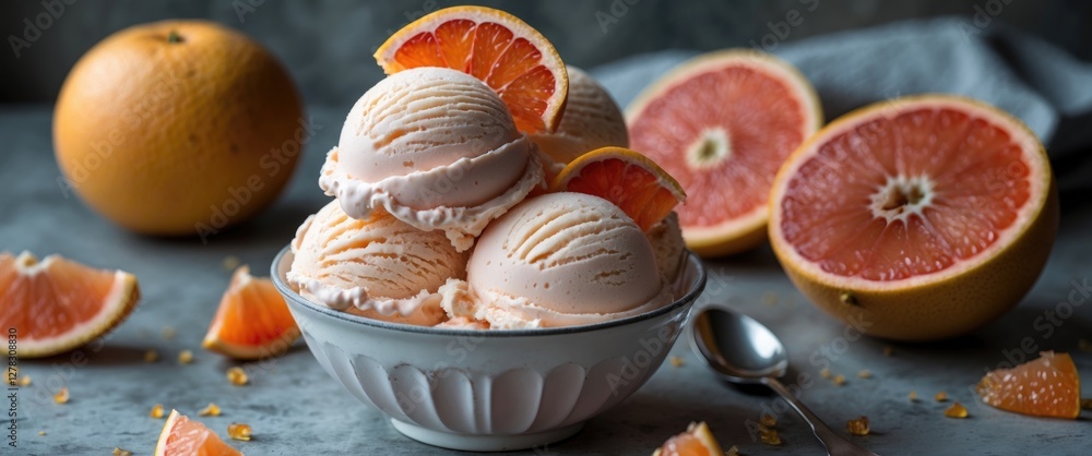 Aufkleber grapefruit ice cream scoops served in a white bowl with fresh grapefruit halves and slices on a rust