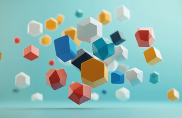 Obraz premium Vibrant 3D Render of Floating Geometric Shapes Including Hexagons and Squares in Multiple Colors, Isolated Background for Modern Digital Art, Abstract Design, and Futuristic Visuals
