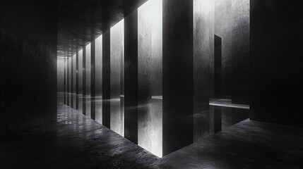 A captivating black and white interior space featuring tall, shiny pillars reflecting light, creating a surreal ambiance and depth.