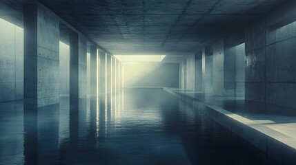 A serene concrete space with water reflecting soft light, creating a tranquil and minimalist atmosphere, ideal for modern architecture themes.