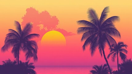 A vibrant sunset over the ocean, featuring silhouetted palm trees against a colorful gradient sky of orange, pink, and purple hues.