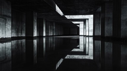 A haunting black and white image of a reflective underground space, showcasing geometric concrete structures and tranquil water surface.