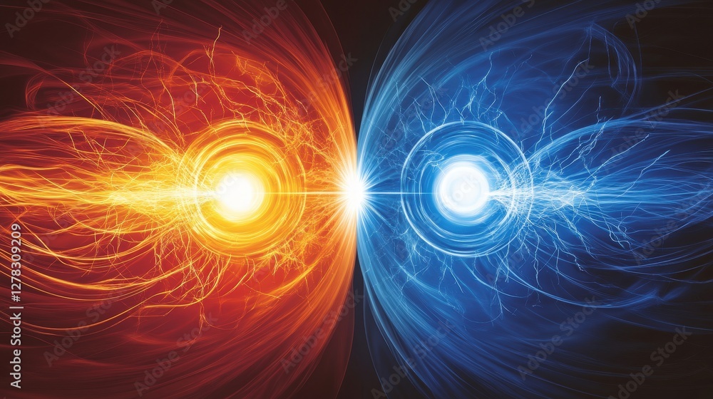Poster electromagnetic force, illustrating the interaction between positive and negative charges, showing t