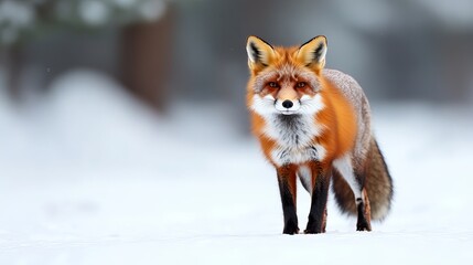 Fototapeta premium Red fox standing on snowy ground in winter forest