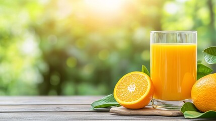 Naklejka premium Fresh orange juice with whole and sliced oranges on wooden table in sunlit garden