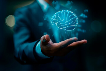 Futuristic technology concept: businessman holding digital brain hologram