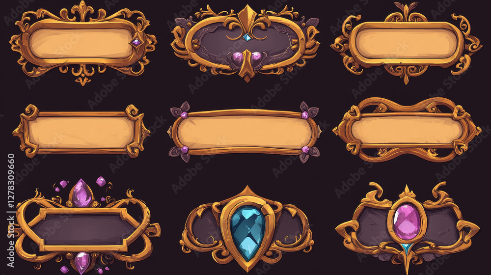 Poster fantasy gold and silver frames in medieval style for rpg game ui design. vector cartoon set of empty