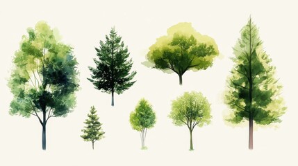 Obraz premium A collection of diverse green trees illustrated in a watercolor style, showcasing various shapes and shades of green against a light background.