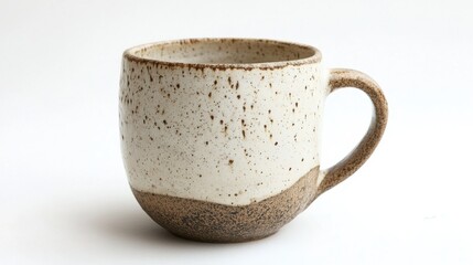 Speckled Off White Ceramic Mug with Brown Glaze on White Background