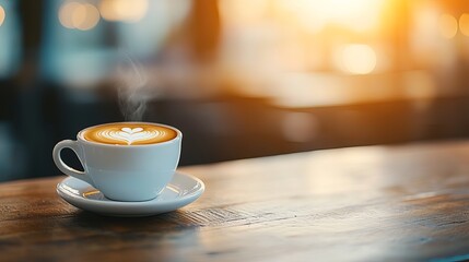 Obraz premium Steaming cappuccino with latte art on rustic wooden table in sunny morning light