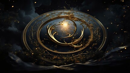An artistic representation featuring a golden emblem against a dark, atmospheric background, radiating light and mystique.